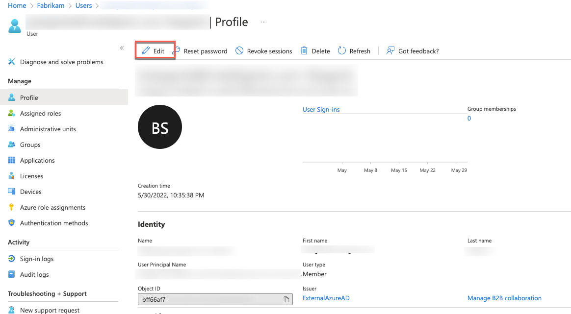 the user Profile blade in the Azure portal is depicted with the Edit button selected in the Settings section.