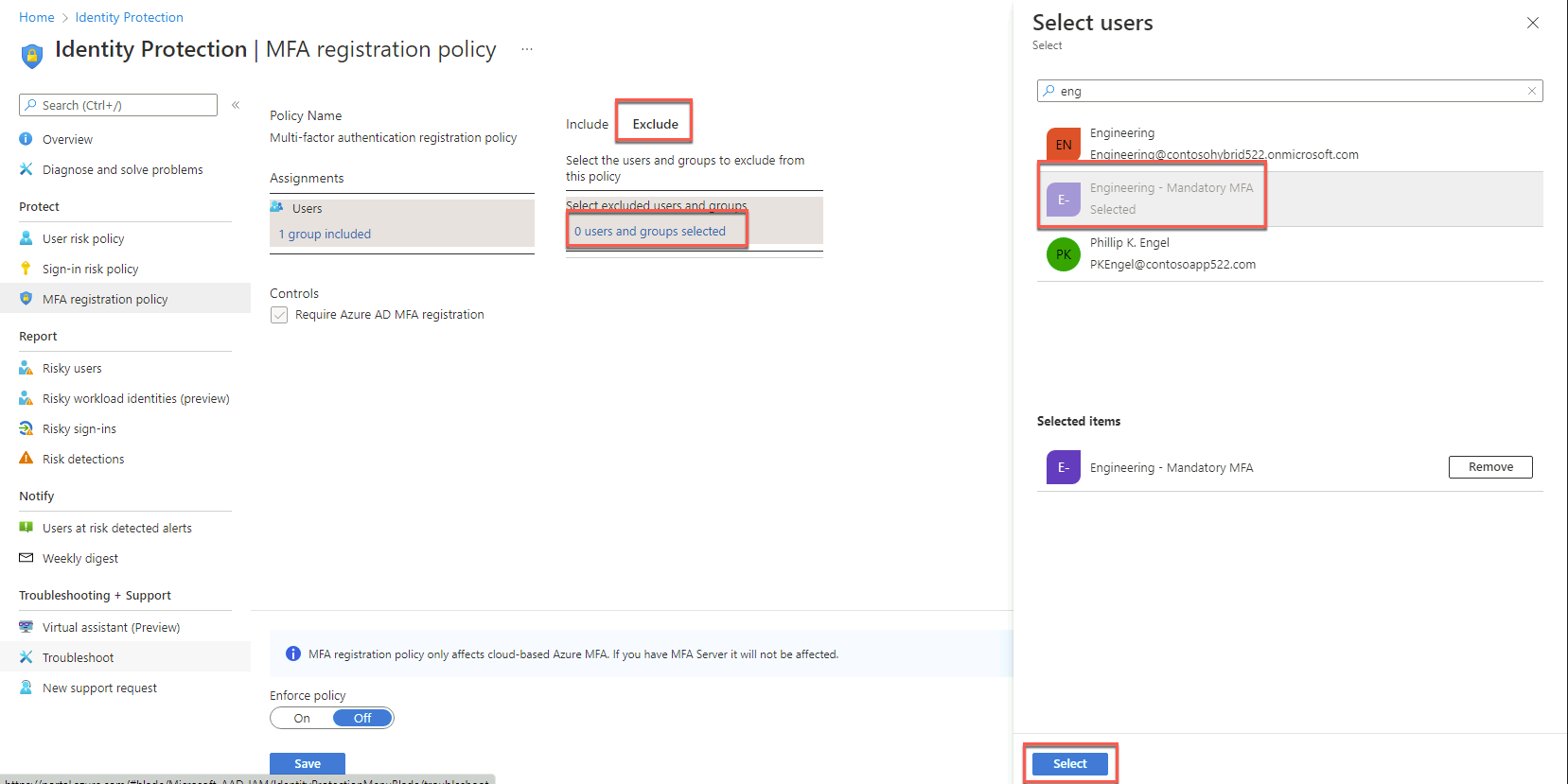 In this screenshot, the ‘Azure AD Identity Protection - MFA registration policy’ blade of the Azure portal is depicted with the Exclude tab of the Users blade selected with the ‘0 users and groups selected’ button selected and the ‘Select users’ blade open with the ‘Engineering - Mandatory MFA’ group and ‘Select’ button selected.