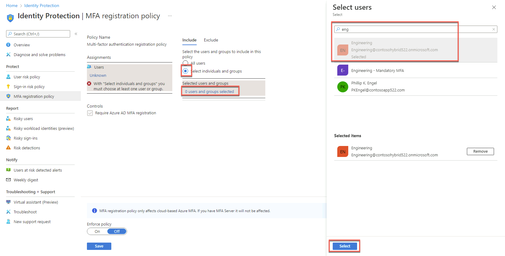 In this screenshot, the ‘Azure AD Identity Protection - MFA registration policy’ blade of the Azure portal is depicted with the Include tab of the Users blade selected with the ‘Select individual users and groups’ option selected and the ‘Select users’ blade open with the ‘Engineering’ group and ‘Select’ button selected.