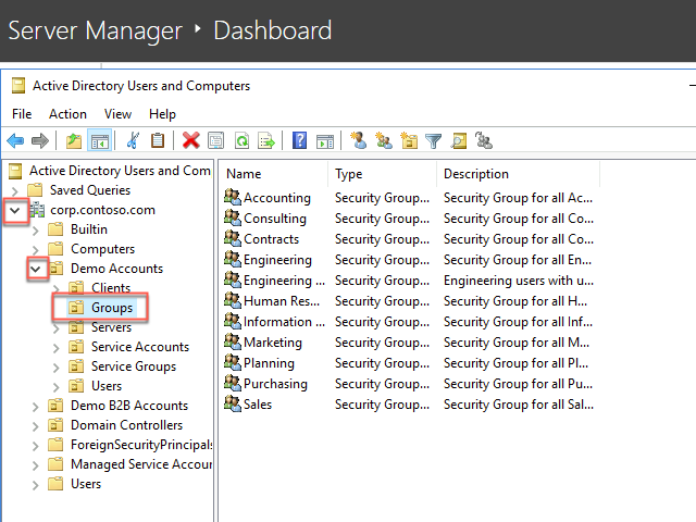In this screenshot, the Active Directory Users and Computers console is depicted with the left navigation expanded to ‘corp.contoso.com’ > ‘Demo Accounts’ > ‘Groups’ with ‘Groups’ selected.