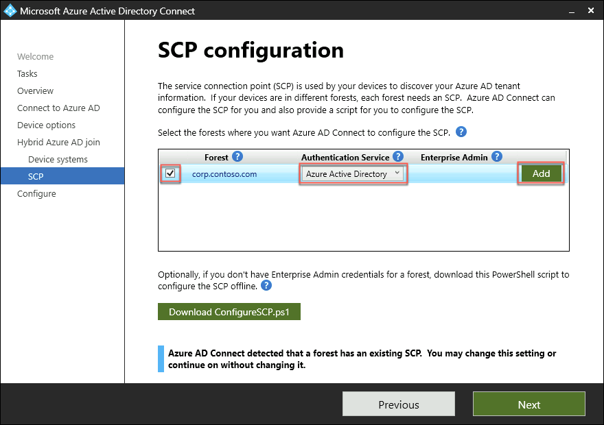 In this screenshot, the ‘SCP configuration’ page of the Azure AD Connect configuration wizard is depicted with the required settings and the Add button selected.