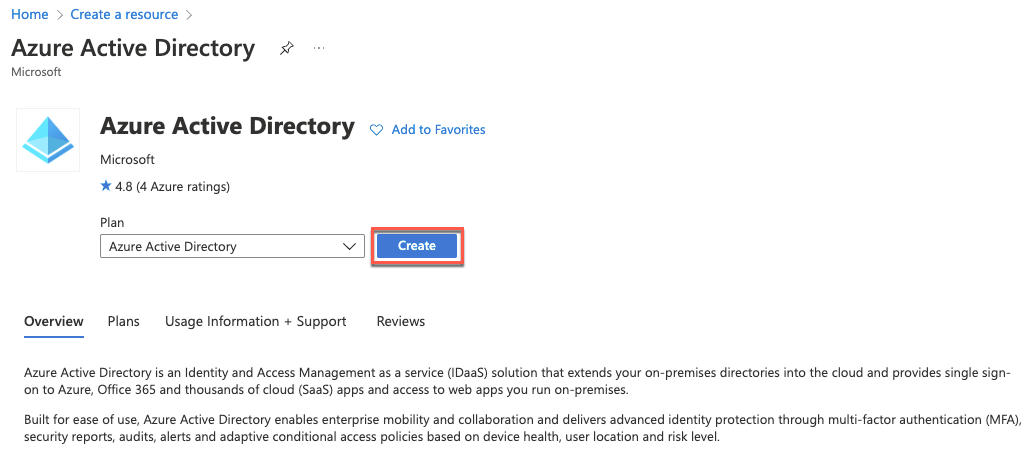 A screenshot that depicts the New page. In the New page, Azure Active Directory is searched for in the Search the Marketplace text box and selected from the search results.