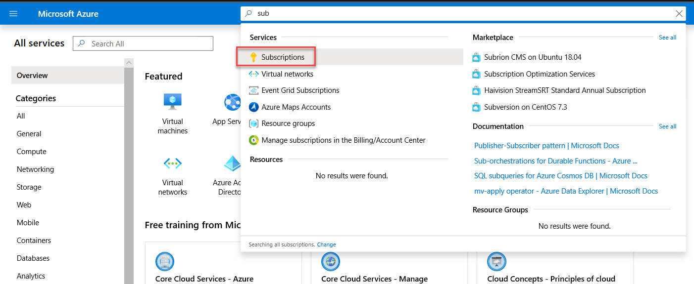 In this screenshot, the Azure portal is depicted with ‘sub’ typed into the search bar and ‘subscriptions’ highlighted in the results.