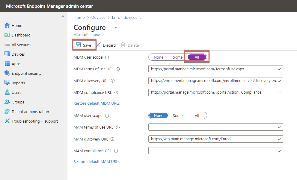 In this screenshot, the Configure blade of the Azure portal is depicted with the ’MDM user scope” setting set to all and the Save button selected.