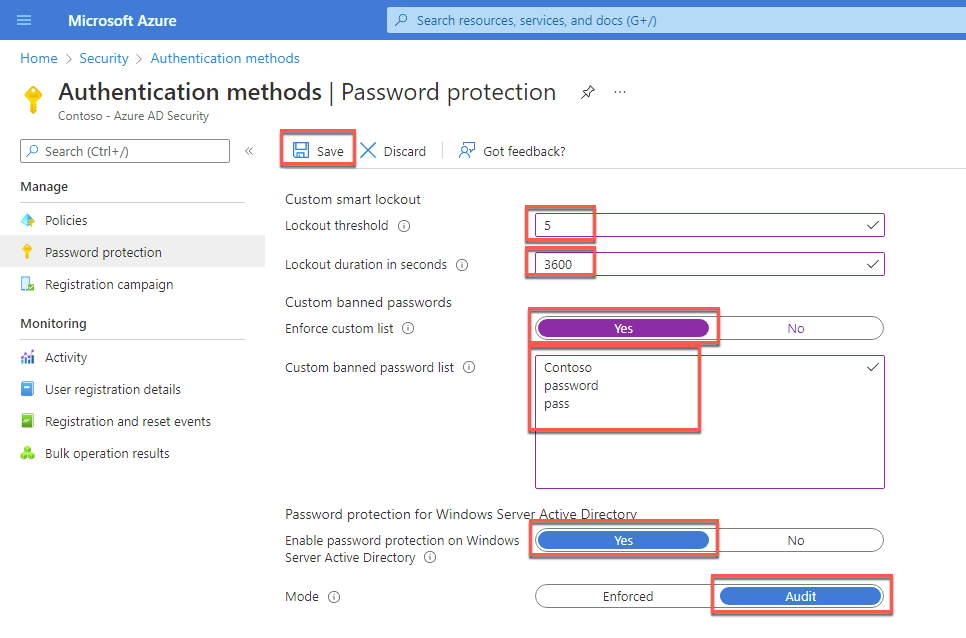 The ‘Authentication methods - Password protection’ blade in the Azure portal is depicted with the required settings and the Save button selected.