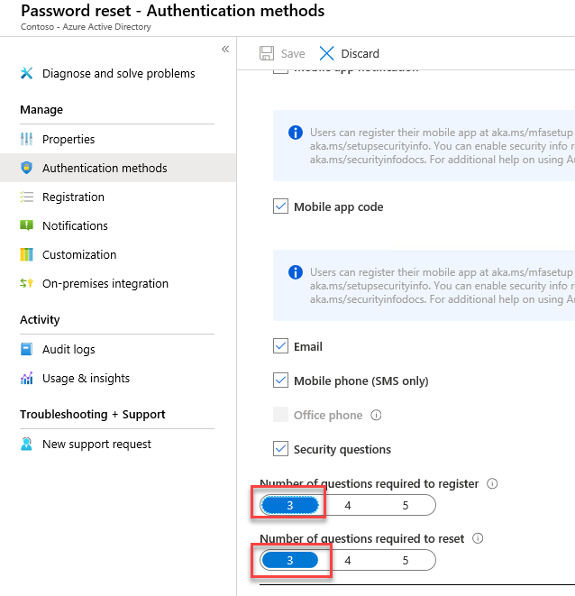 In this screenshot, the ‘Password reset - Authentication methods’ blade of the Azure portal is depicted with the required authentication method settings listed above selected.