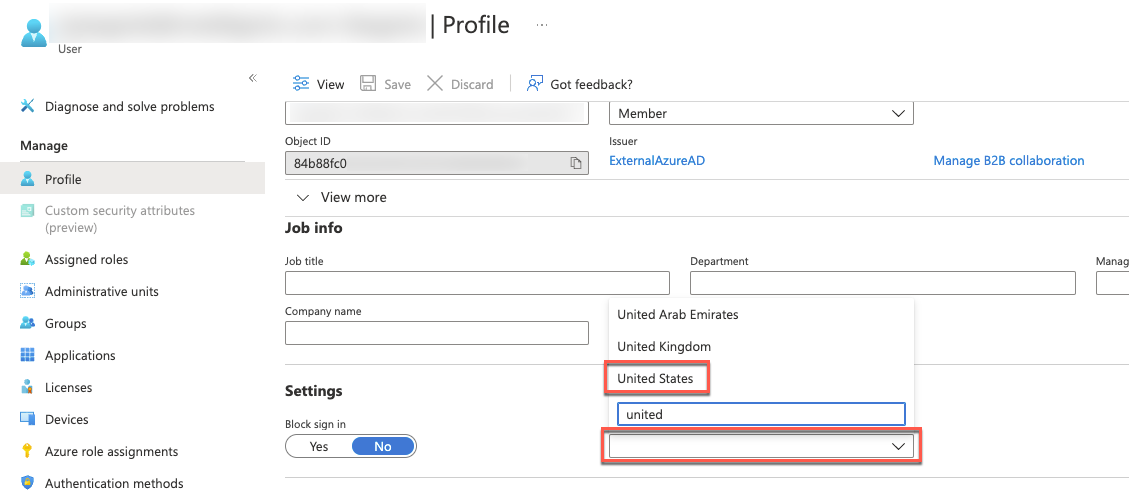Screenshot that depicts the United States selected in the Usage location dropdown menu of the Profile page.