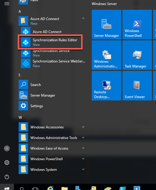 In this screenshot, the Start menu is open within the Remote Desktop session to DC1. Under Azure AD Connect, Synchronization Rules Editor is selected.