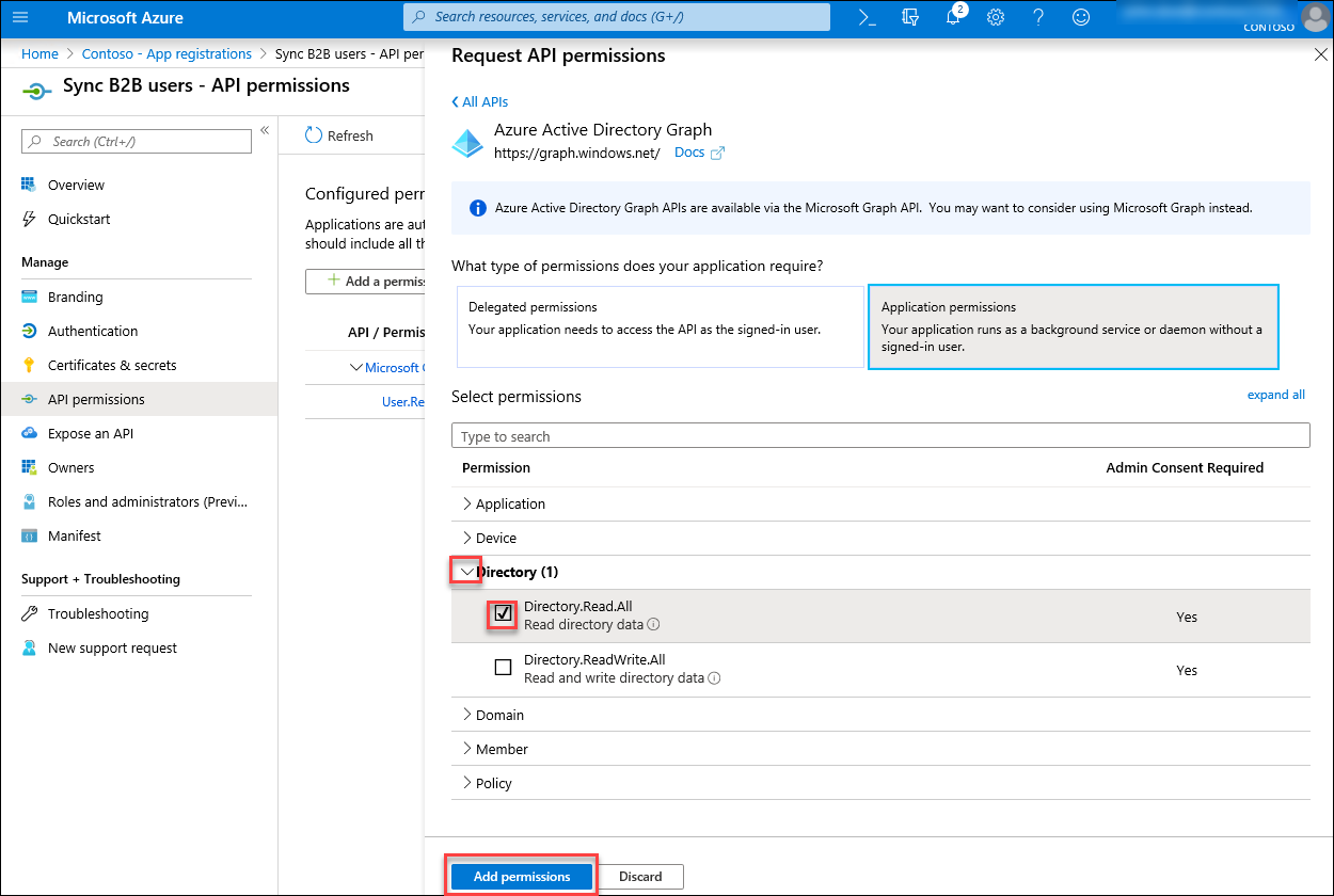 The ‘Request API permissions’ blade of the Azure portal is depicted with the Directory.Read.All permission under the Directory subsection checked and the ‘Add permissions’ button selected.