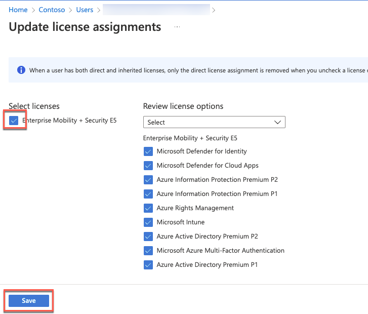 Screenshot depicts the Update license assignments blade with Enterprise Mobility + Security E5 and its subsequent license options selected. The Save button is also selected.