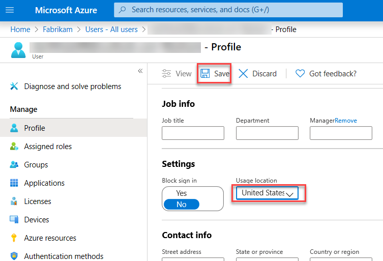 In this screenshot, the user Profile blade in the Azure portal is depicted with the United States selected in the ‘Usage location’ dropdown of the Settings section, and the Save button is selected.