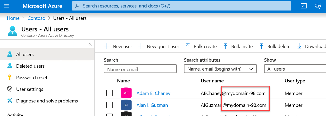 In this screenshot, the ‘Users - All users’ blade of the Azure portal is depicted with all the user objects with the custom domain UPN suffixes listed.