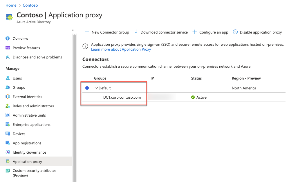 The ‘Contoso - Application proxy’ blade of the Azure portal is depicted with the ‘DC1.corp.contoso.com’ entry listed under the Default connector group.