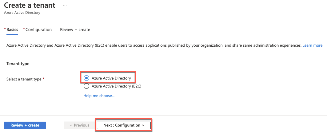 The Azure Active Directory is selected with the Next: Configuration > button called out.