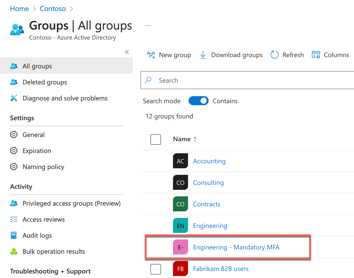Screenshot of Azure AD All Groups showing the Engineering - Mandatory MFA Group.