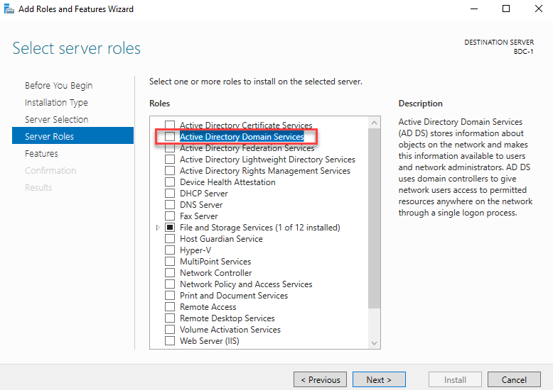 In this screenshot, you will select the role of Active Directory Domain Service in the server roles wizard.
