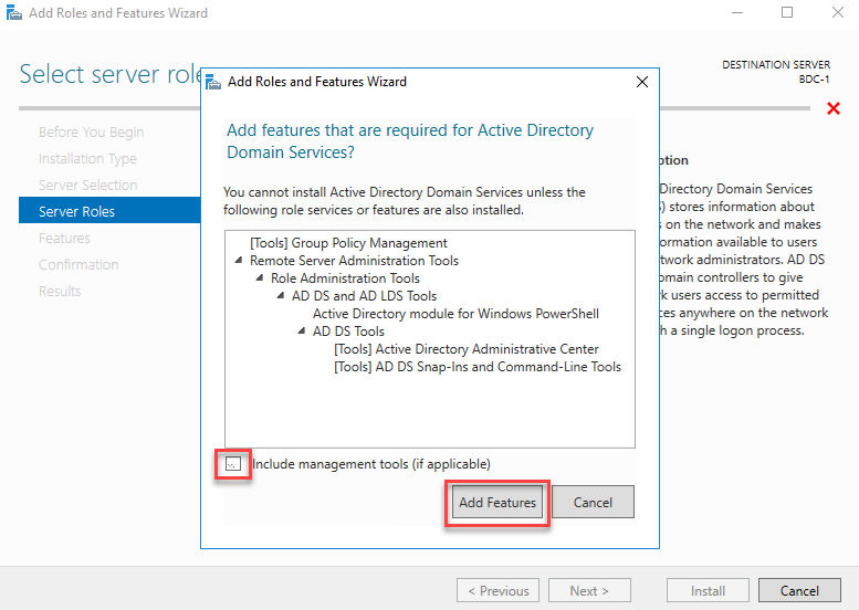 In this step, you unselect the include management tools checkbox and select add features.