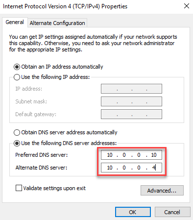 After the backup domain controller role is installed, device network IP settings must have the IP address added as the Alternate DNS server.