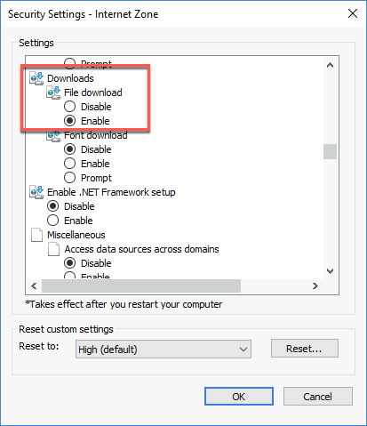 Showing the File download setting being enabled in the security settings in the internet zone.