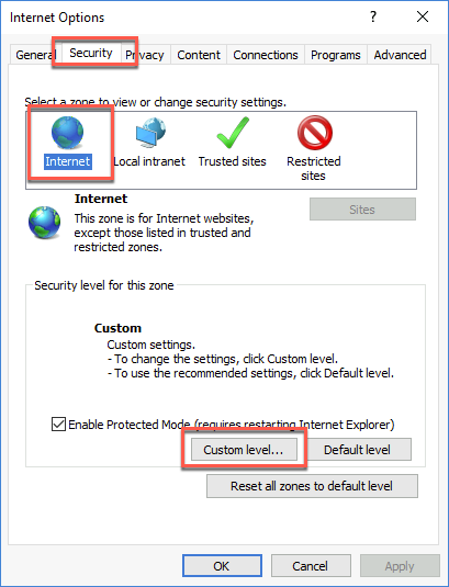 Depict selecting the security tab and setting the custom level for the internet security settings.