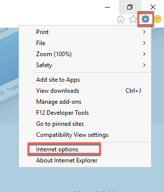 Image showing selecting the cogwheel and then internet options in Internet Explorer.