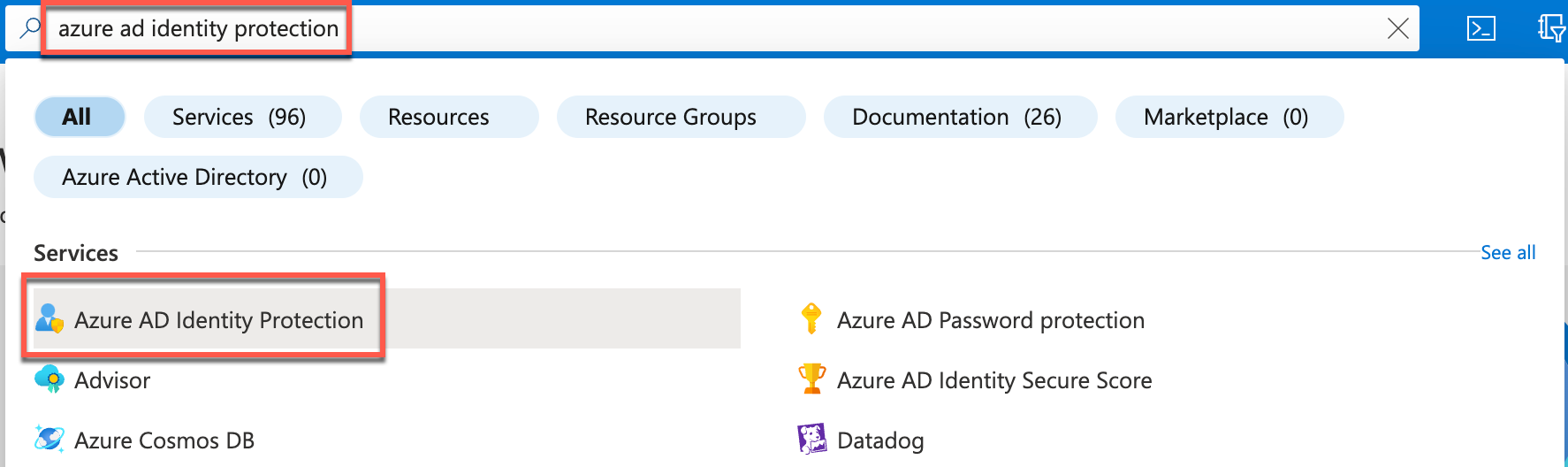 The Azure search at the top of the page displaying searching for and selecting azure ad identity protection.
