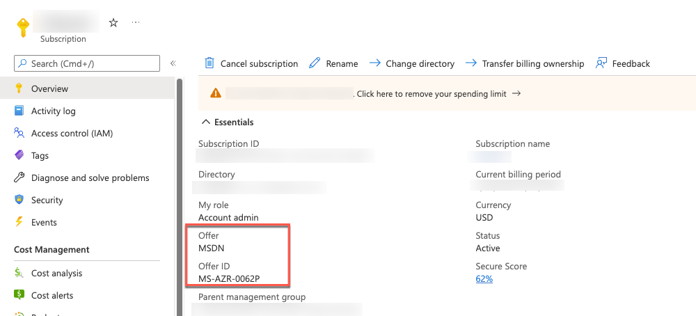 Screenshot showing the subscription overview with the Offer highlighted.