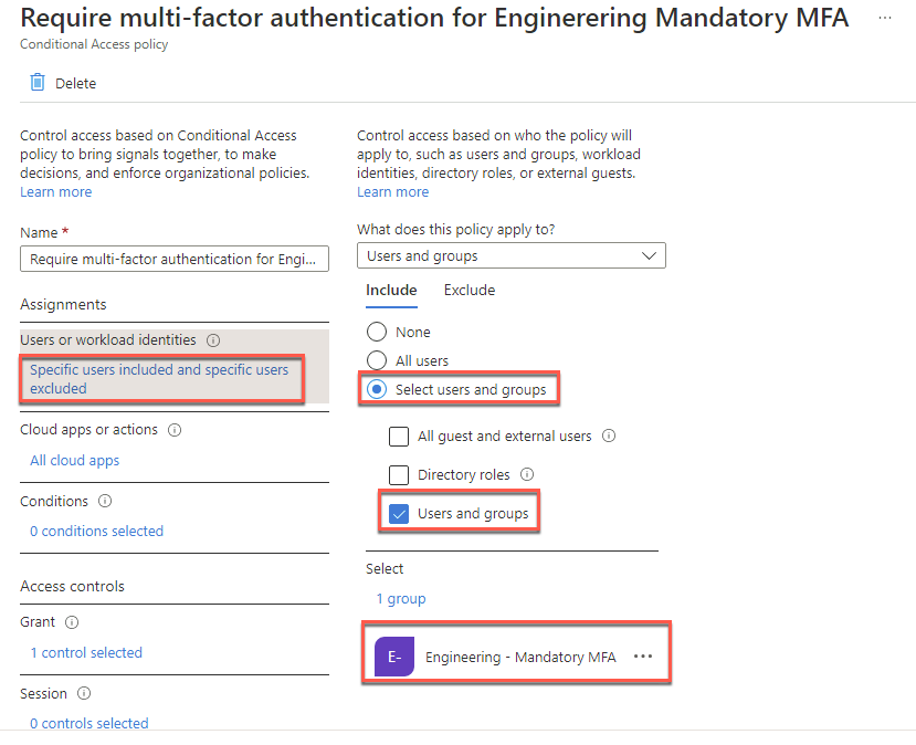 Image showing the change from All users to select users and group with engineering - mandatory MFA selected.