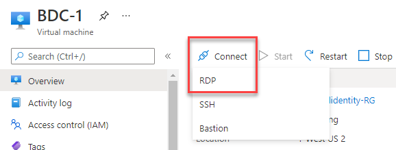 This screenshot shows how to connect to the virtual machine using RDP.