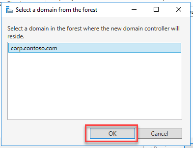 This screenshot shows that you can now select the existing domain for the new backup domain controller.