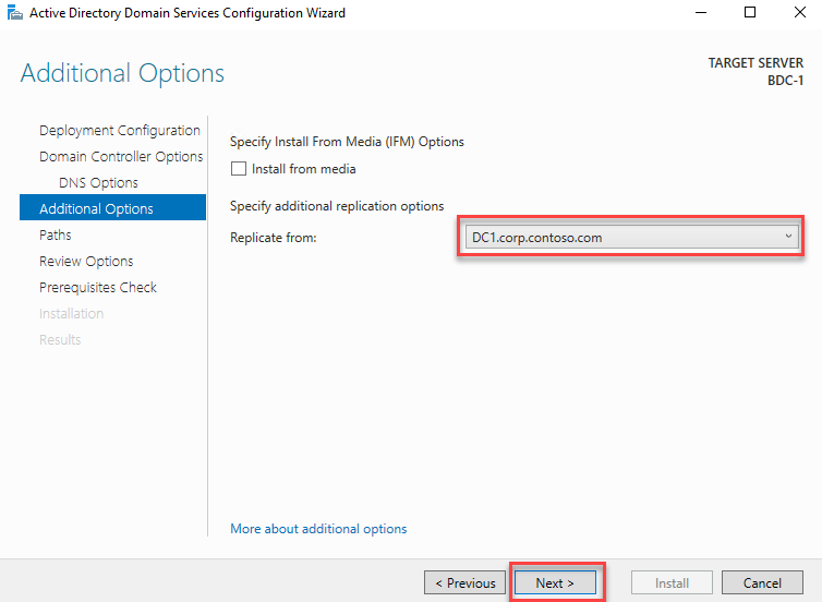 In this screenshot, you will choose the dropdown arrow and select the primary domain controller to replicate from.