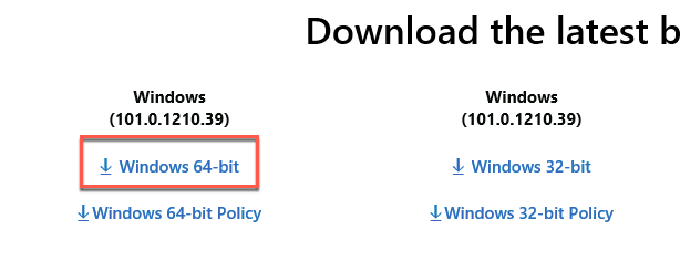 Screenshot showing the download link to download Microsoft Edge for business 64-bit version.