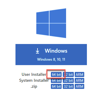 Screenshot highlighting the 64-bit user installer link for Visual Studio Code.