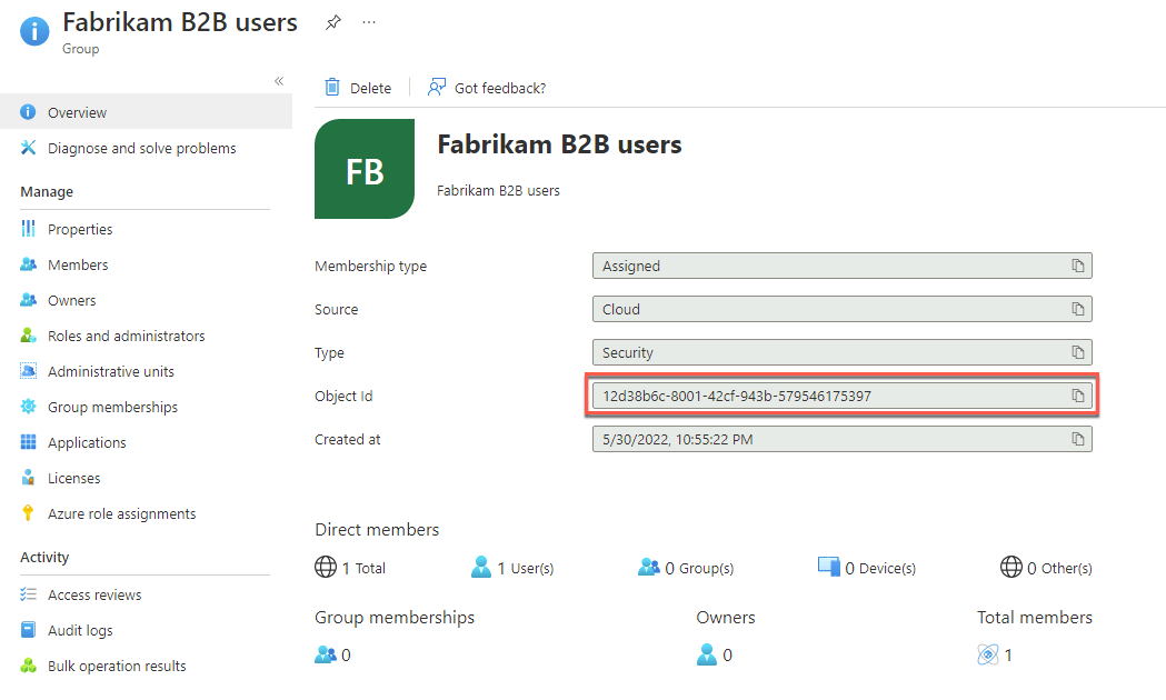 In this image, the object ID of the Babrikam B2B users group is highlighted.