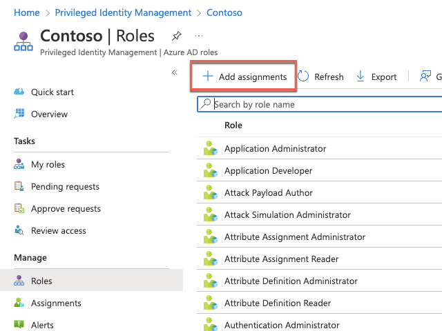 This image highlights the + Add assignments link on the Contoso - Roles page.