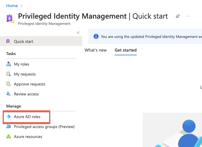 The Azure portal with Azure AD roles highlighted in the left navigation under the Manage header.
