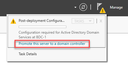 After the virtual machine restarts, select to promote the server by selecting the flag in the Server Manager, as shown in this screenshot.