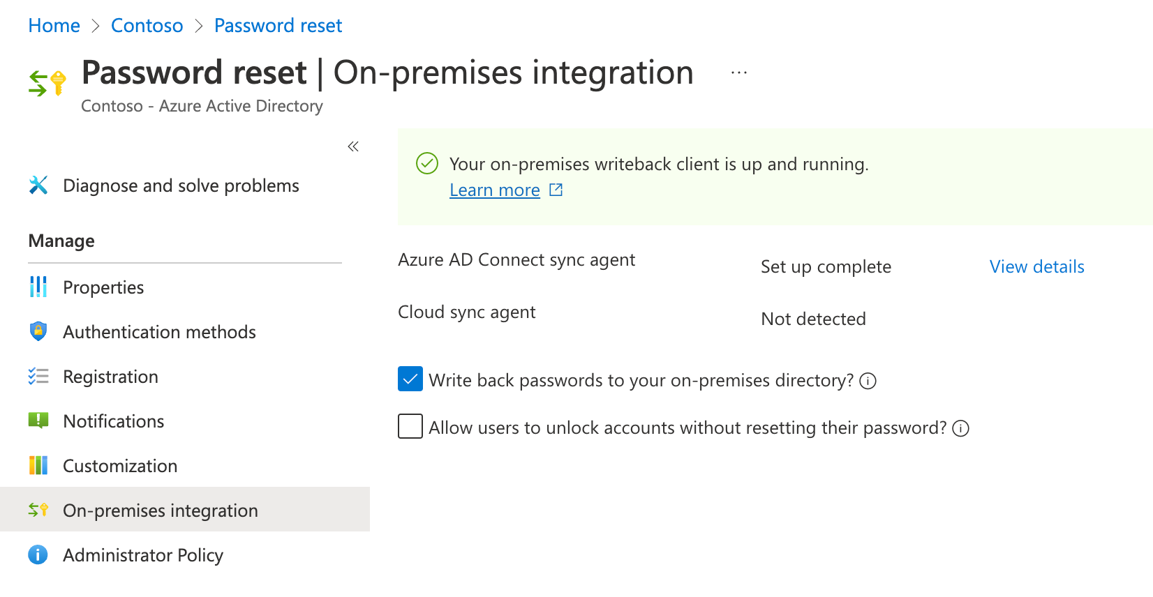 The on-premises integration screen for password reset in Azure AD showing the write back passwords to your on-premises directory selected.