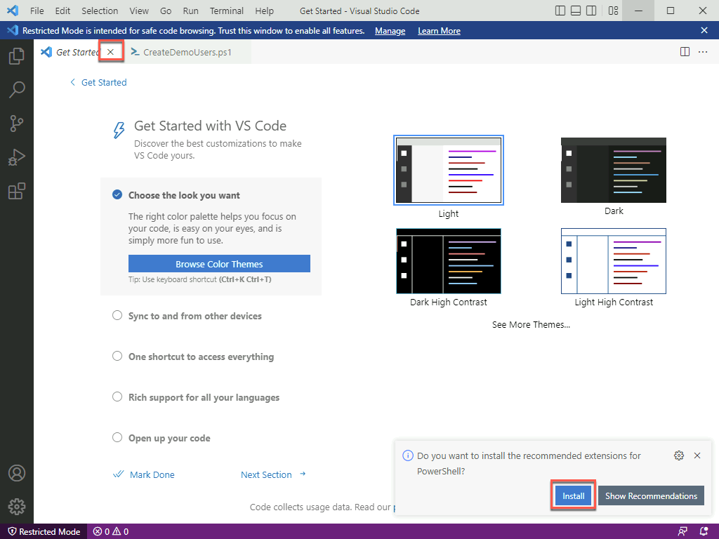 Visual Studio Code with the Get Started tab open and the pop-up to install PowerShell. The x to close the Get Started Tab and the Install button for the PowerShell extension are both highlighted.