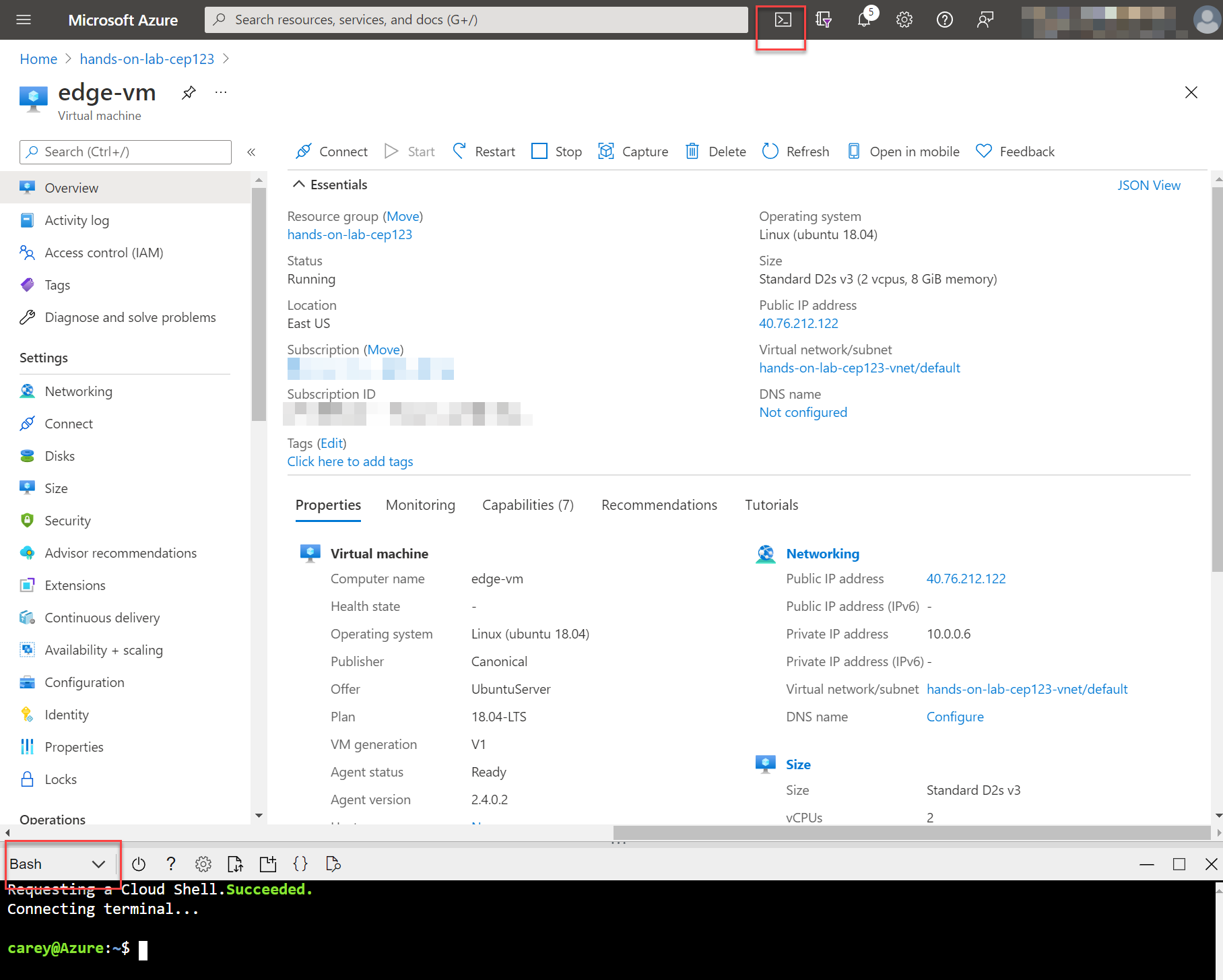 The Azure Portal displays with the cloud shell icon highlighted in the top-right toolbar menu and Bash selected as the language.