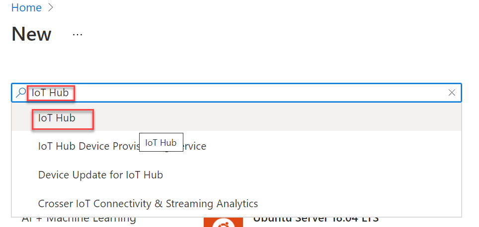“IoT Hub” is entered into the Search the Marketplace box. IoT Hub is highlighted in the search results.