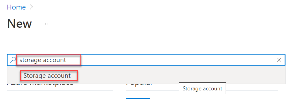 “storage account” is entered into the Search the Marketplace box, and Storage account is highlighted in the results.
