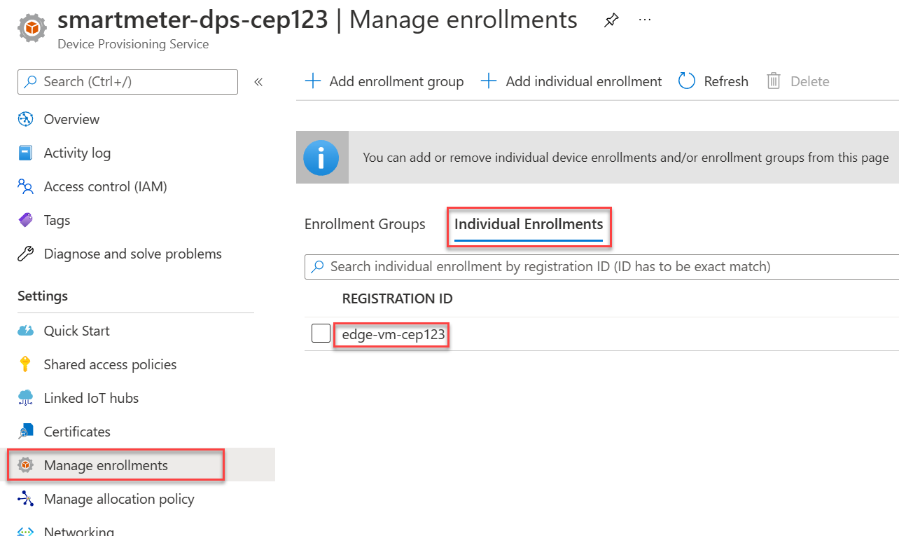 The Manage enrollments screen displays with the Individual Enrollments tab selected. The list of individual enrollments displays with edge-vm-{SUFFIX} selected.
