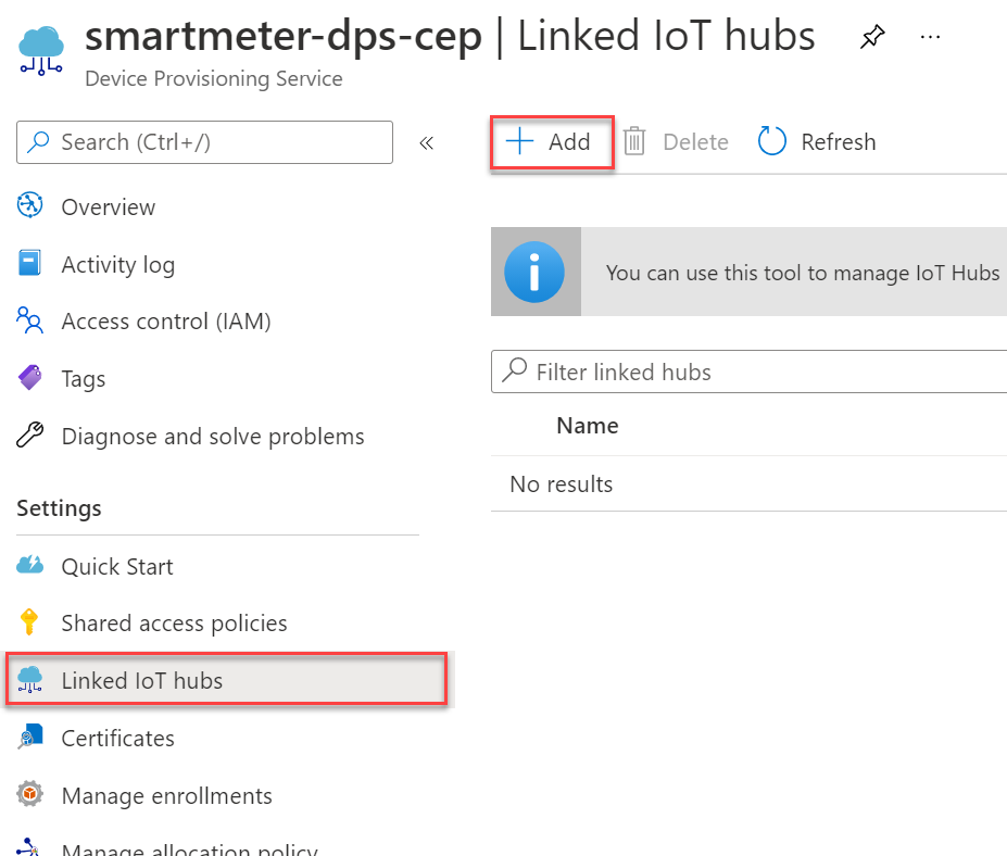 The DPS Linked IoT hubs screen is shown with Linked IoT hubs selected in the left menu and the +Add button highlighted in the toolbar.