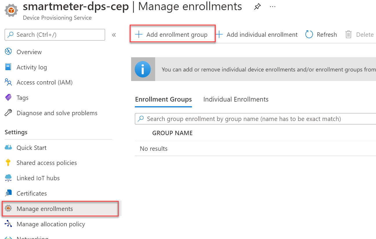 The DPS Manage enrollments screen displays with the Manage enrollments item selected from the left menu and the +Add enrollment group button highlighted on the toolbar.