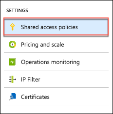 Screenshot of the Overview blade, settings section. Under Settings, Shared access policies is highlighted.
