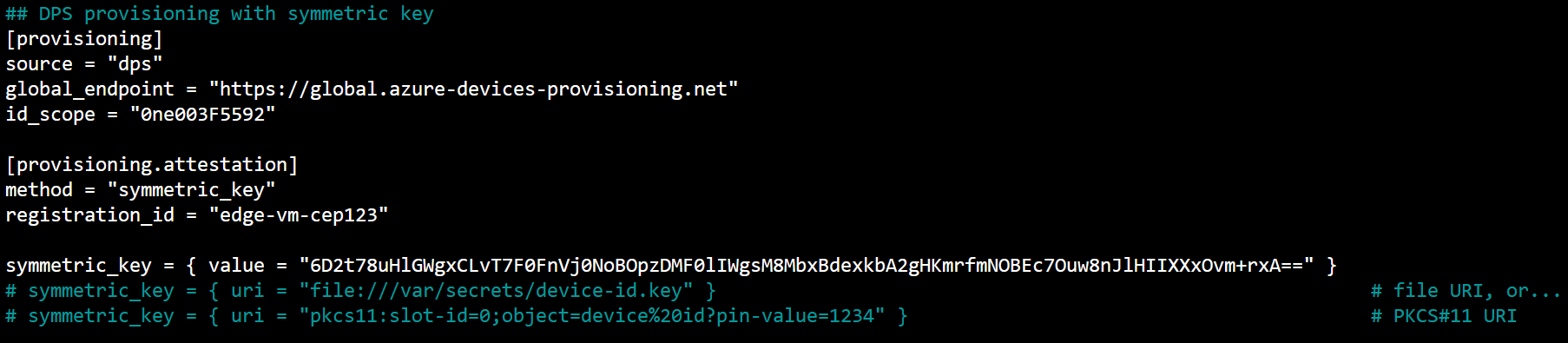 The IoT Edge configuration file is open in nano with the variables mentioned above replaced accordingly.