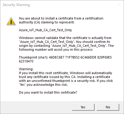 A Security Warning dialog displays regarding installation of a certificate.