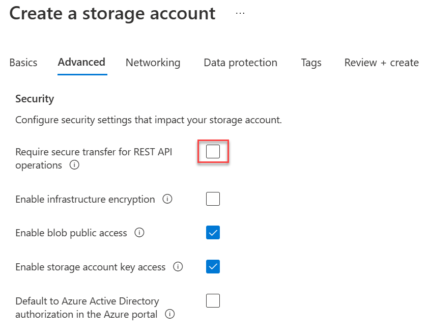 The Create storage account blade is displayed with options under the Advanced tab.