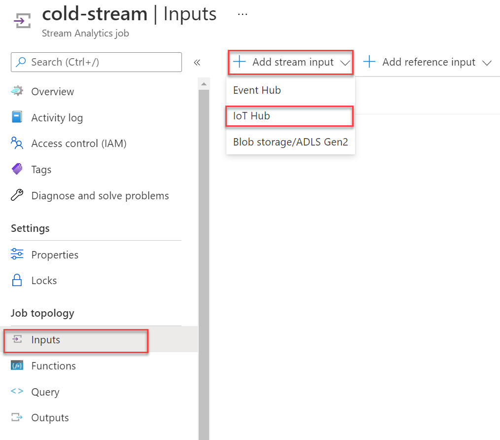 On the Stream Analytics job blade, Inputs is selected under Job Topology in the left-hand menu, and +Add stream input is highlighted in the Inputs blade, and IoT Hub is highlighted in the drop down menu.